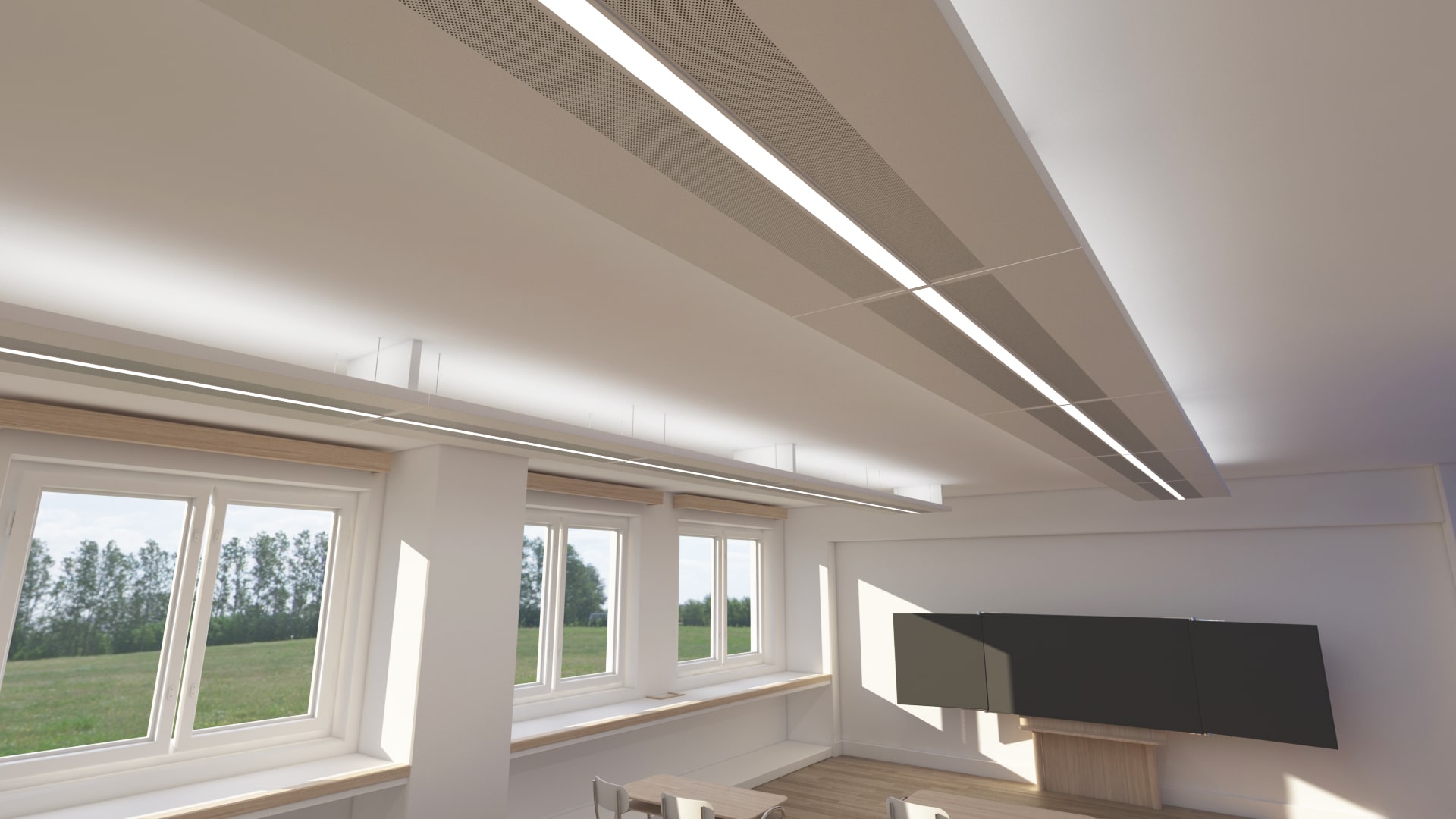 Continuous Multi-Layered Prismatic Diffuser LED Lighting An image showing a multi-layered prismatic diffuser LED lighting