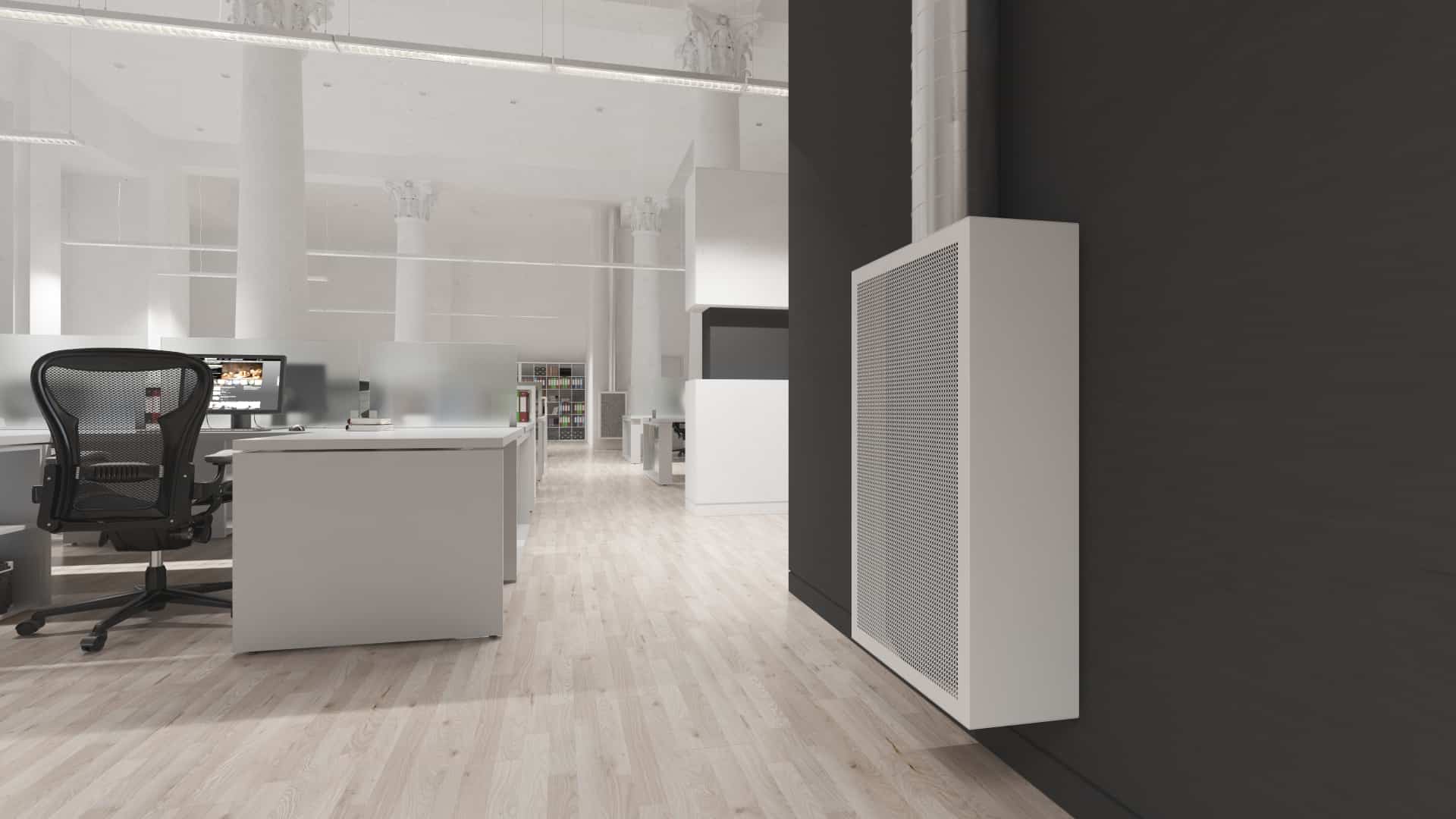 Image showing a render of a Tranquilair unit inside an open office space A render of a Tranquilair unit inside an open office space