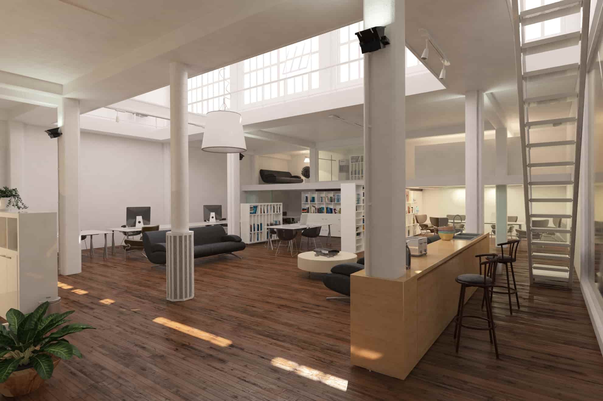 Image showing a render of a free-standing Tranquilair unit inside an open office space A render of a free-standing Tranquilair unit inside an open office space