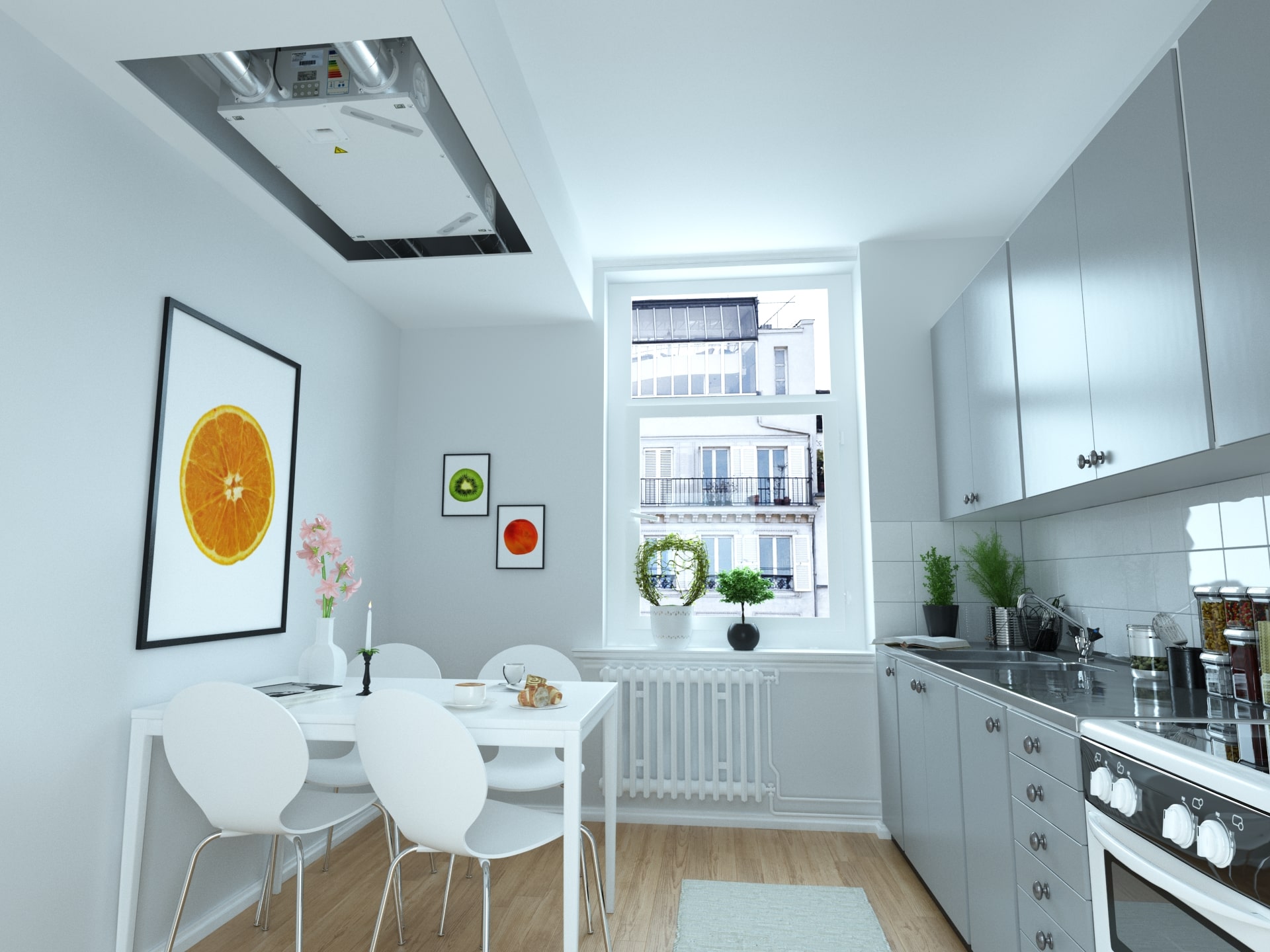 Image showing the Recepto Slim Mechanical Ventilation Heat Recovery unit installed in a kitchen MVHR Kitchen Installation