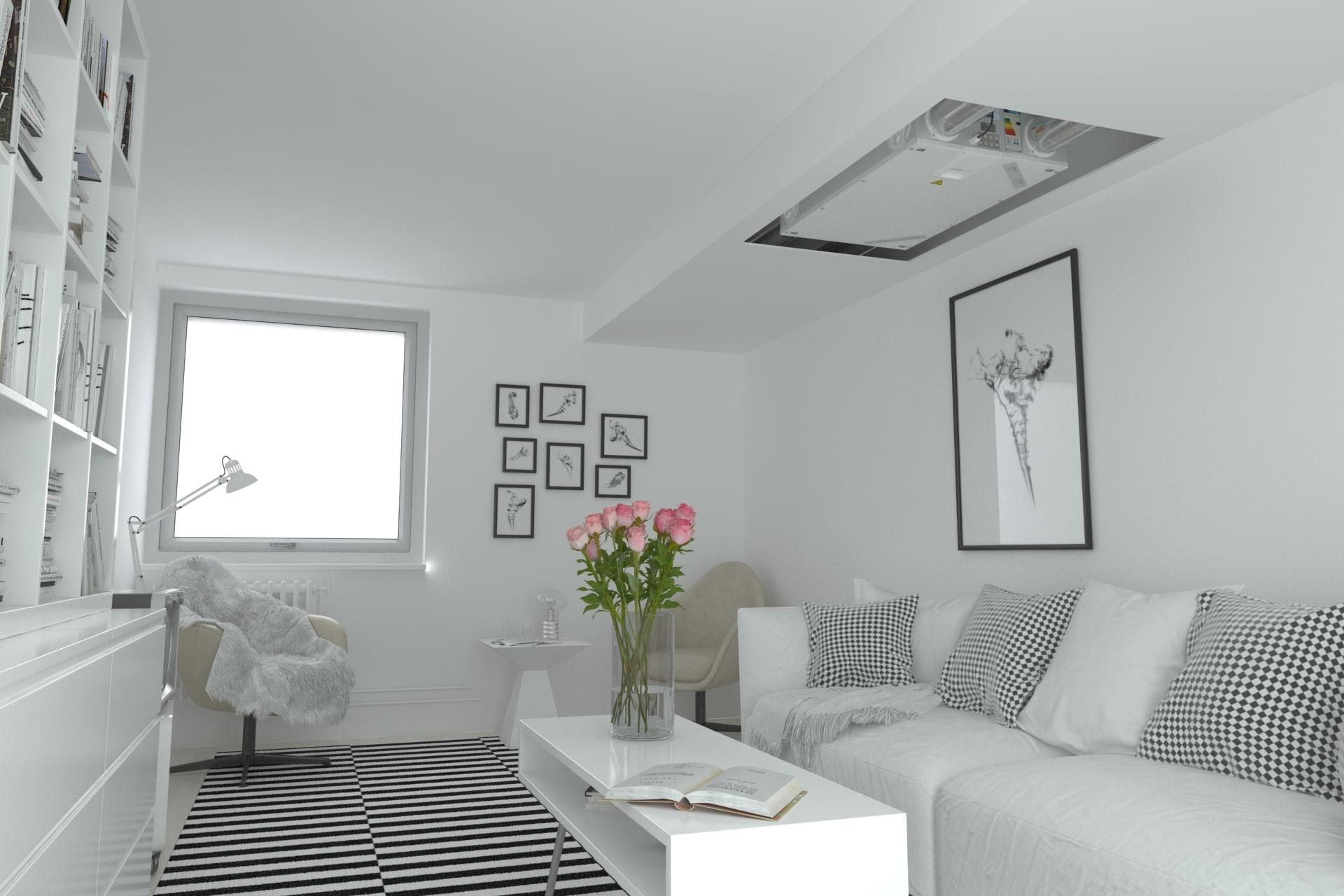 Image showing the Recepto Slim Heat Recovery Unit installed in a living room MVHR Living Room Installation