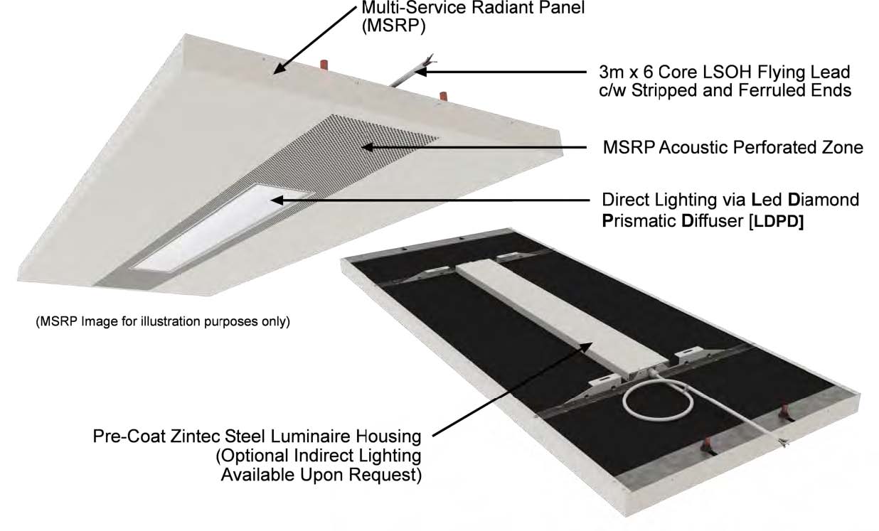 A graphic showing the top and bottom of Frenger's® Multi-Service Radiant Panel with a LED Diamond Prismatic Diffuser (LDPD)