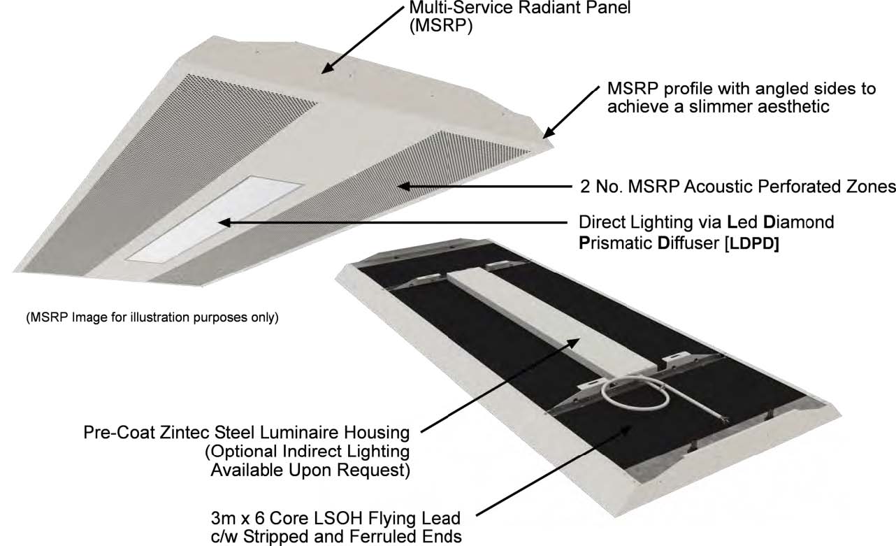 A graphic of Frenger's® Multi-Service Radiant Panel (MSRP) with LED Diamond Prismatic Diffuser (LDPD) and angled sides A graphic of Frenger's® Multi-Service Radiant Panel (MSRP) with LED Diamond Prismatic Diffuser (LDPD) and angled sides